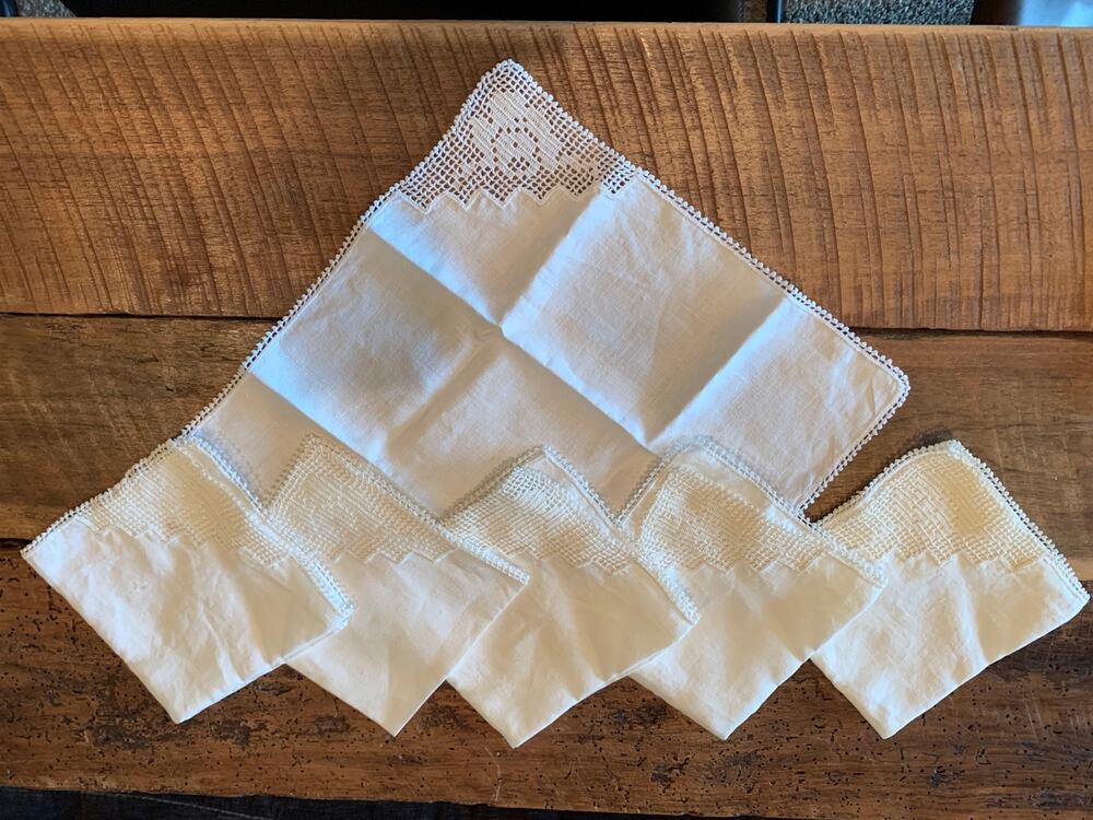 Set Six Handmade Vintage Crochet Trim Linen Napkins 12" Square